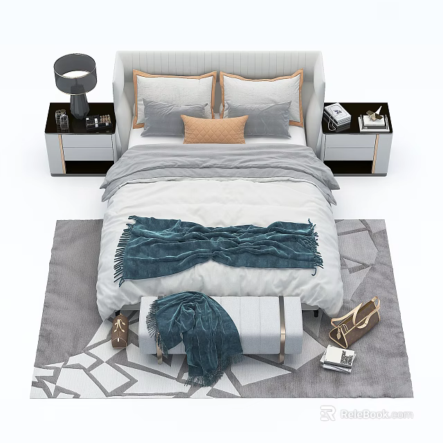 Modern Double Bed With Gray Pillows Teal Blanket Nightstands Bench And Patterned Rug 3d model