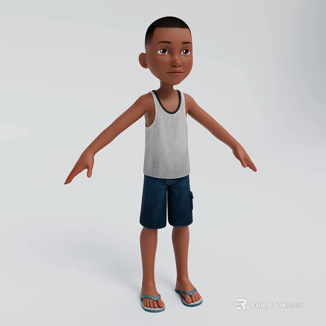 Young Man 3D Model Wearing Gray Tank Top Blue Shorts With Arms Outstretched White Background 3d model 