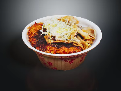 Delicious Noodle Bowl With Bean Sprouts Sauce In Red Patterned Paper Bowl 3d model