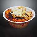 Delicious Noodle Bowl With Bean Sprouts Sauce In Red Patterned Paper Bowl