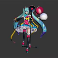 Anime Game Character With Teal Twin Tails Colorful Outfit Megaphone And Balloons