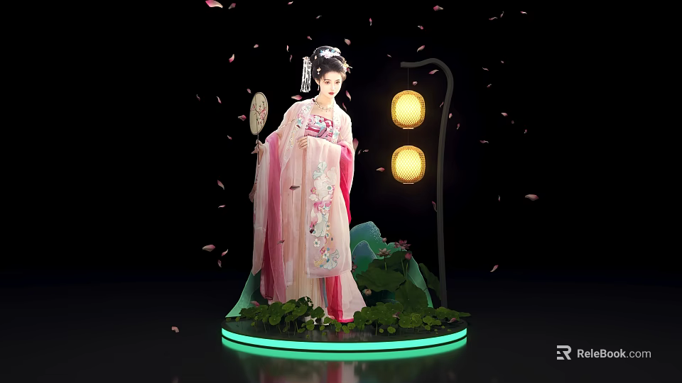Ancient Style Figure In Pink Traditional Costume With Lanterns Falling Petals And Green Plants 3d model 