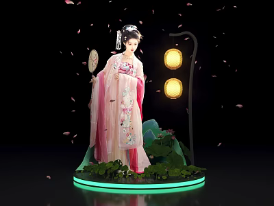 Ancient Style Figure In Pink Traditional Costume With Lanterns Falling Petals And Green Plants 3d model