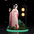 Ancient Style Figure In Pink Traditional Costume With Lanterns Falling Petals And Green Plants