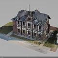 Historic Red Brick Building Featuring Gabled Roof Multiple Windows And Grass Pathway