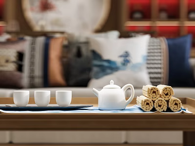Living Room Decorative Ornament Set With White Teapot Cups And Rolled Towels On Tray 3d model