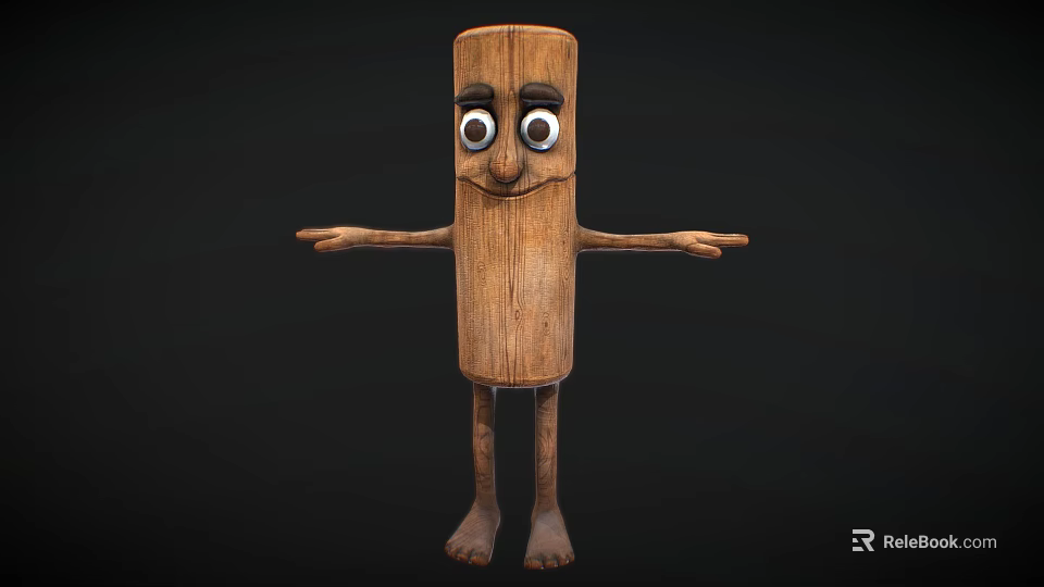 Wooden Cylindrical Game and Movie Character With Large Eyes Outstretched Arms and Wood Grain Texture 3d model 