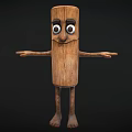 Wooden Cylindrical Game and Movie Character With Large Eyes Outstretched Arms and Wood Grain Texture