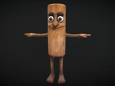 Wooden Cylindrical Game and Movie Character With Large Eyes Outstretched Arms and Wood Grain Texture 3d model