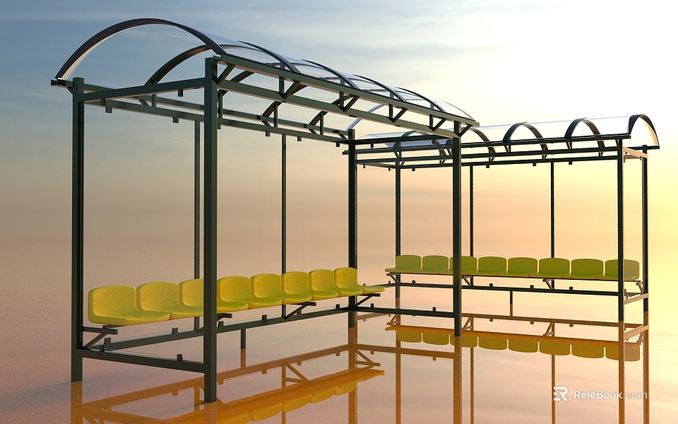 Yellow Public Benches in Waiting Shelter with Transparent Roof and Sunset Sky 3d model 