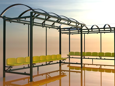 Yellow Public Benches in Waiting Shelter with Transparent Roof and Sunset Sky 3d model