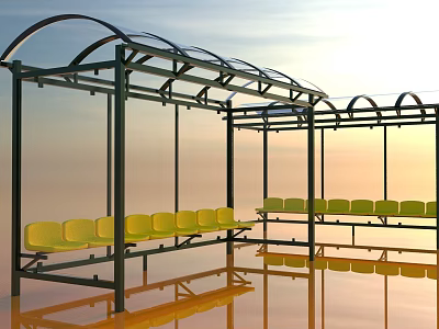 Yellow Public Benches in Waiting Shelter with Transparent Roof and Sunset Sky 3d model