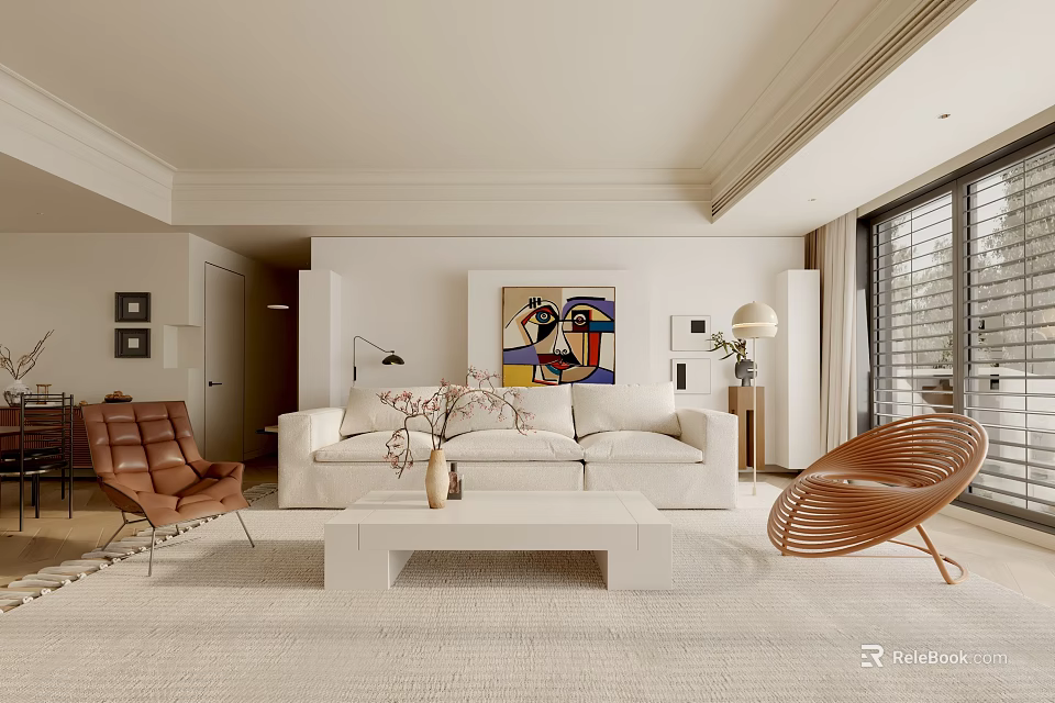 Modern Living Room With White Sofa Decorative Painting Rattan Chair And Carpet 3d model 