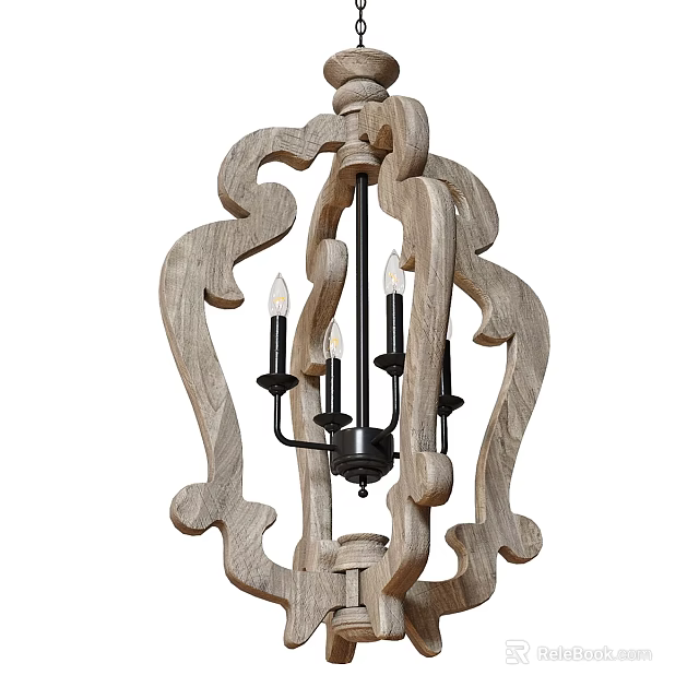 Rustic Wooden Chandelier with Intricate Carved Frame and Black Candle Bulbs 3d model 