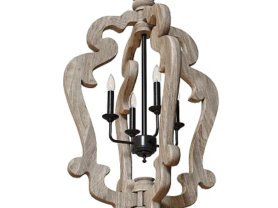 Rustic Wooden Chandelier with Intricate Carved Frame and Black Candle Bulbs 3d model