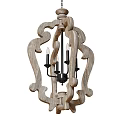 Rustic Wooden Chandelier with Intricate Carved Frame and Black Candle Bulbs