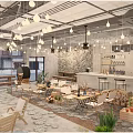 Modern Café Interior With Hanging Lights Wooden Partitions Green Plants Tables And Chairs