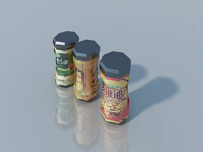 Colorful Seasoning Bottles with Black Lids and Chinese Labels on Shiny Surface 3d model