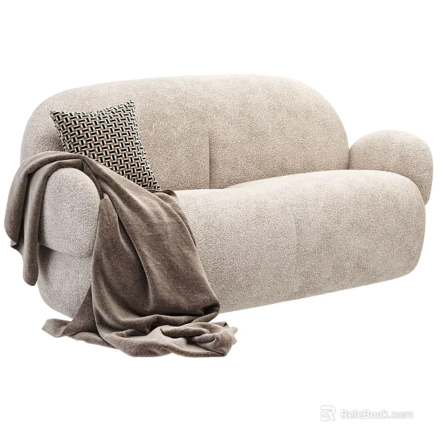 Modern Beige Two Seater Sofa With Geometric Pattern Pillow And Brown Throw Blanket 3d model 