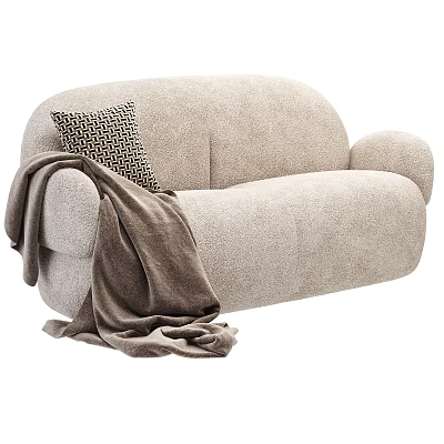 Modern Beige Two Seater Sofa With Geometric Pattern Pillow And Brown Throw Blanket 3d model