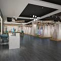 Elegant Bridal Shop Interior With Hanging Wedding Dresses Illuminated Mirrors And Makeup Tables