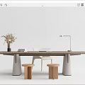 Modern Wooden Desk Design With Laptop Stools Vase And Decorative Elements 3d model