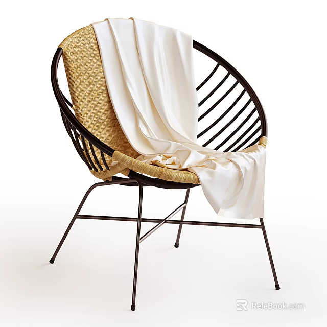 Leisure Chair With Black Metal Frame Natural Woven Seat And White Fabric Draped 3d model 