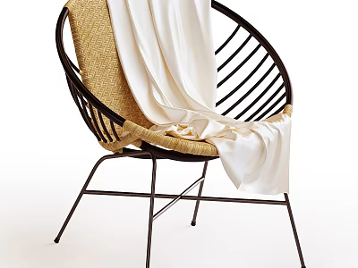 Leisure Chair With Black Metal Frame Natural Woven Seat And White Fabric Draped 3d model