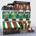Building Blocks European Style Café Building With Green Wall Balcony Striped Awning