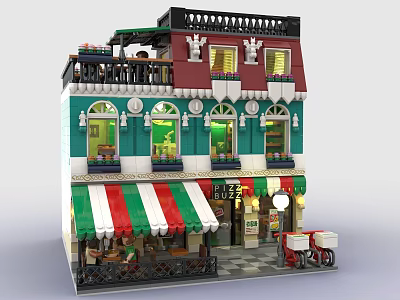 Building Blocks European Style Café Building With Green Wall Balcony Striped Awning 3d model