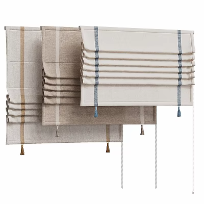 Beige And Light Brown Striped Linen Roman Curtains With Tassel Details 3d model