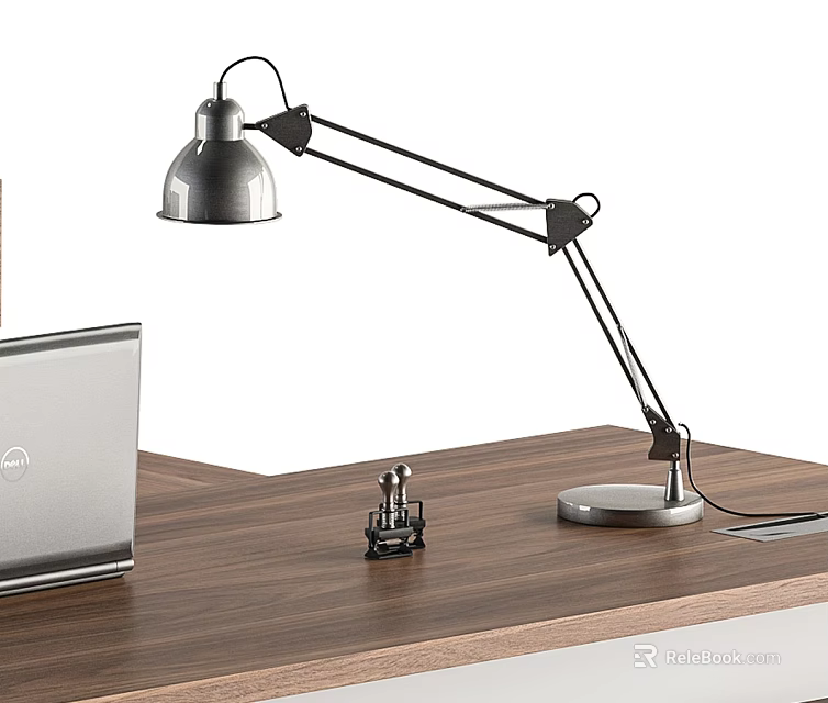 Adjustable Metal Desk Lamp On Wooden Desk With Laptop And Small Decor 3d model 