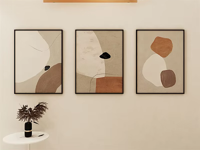 Three Abstract Paintings With Geometric Shapes Neutral Tones And Black Frames Hanging On Wall 3d model