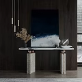 Elegant Console Table Design With Marble Top Artwork Pendant Lights And Wooden Wall