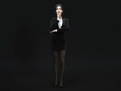 Confident Professional Woman in Black Business Suit Standing Against Black Background with Crossed Arms 3d model