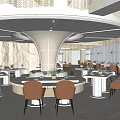 Elegant Modern Restaurant Interior With Circular Central Area Stone Wall And Orange Chairs