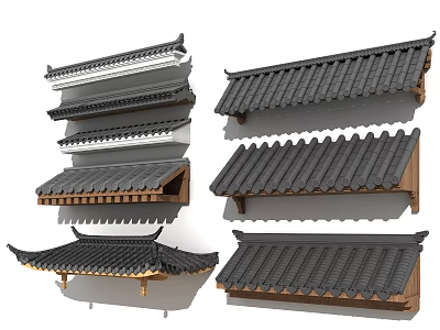 Traditional Chinese Roof Components Featuring Various Tiled Roof Styles And Eaves Designs 3d model