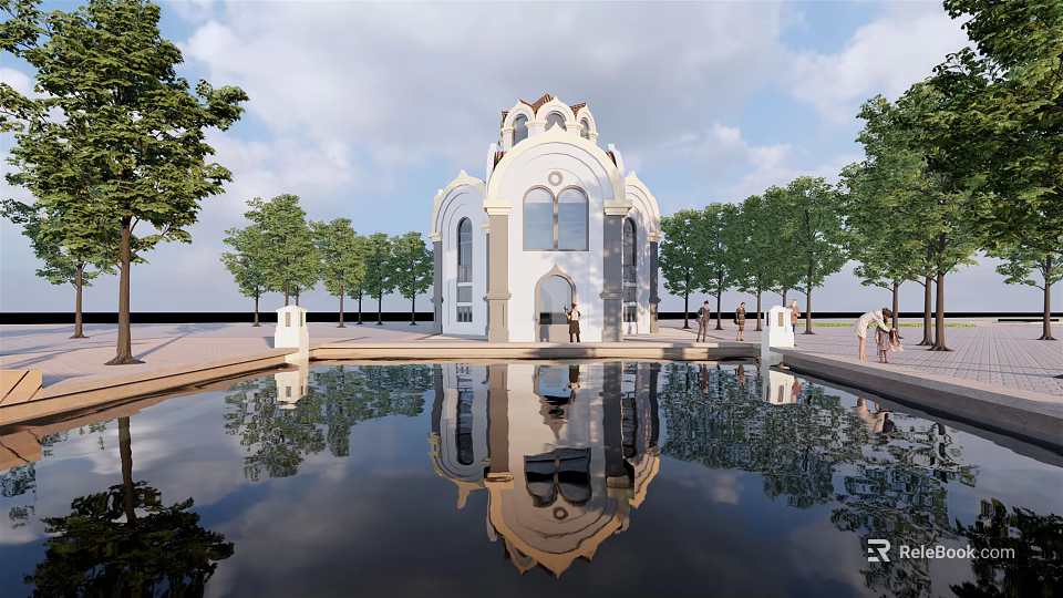 European style Architecture With White Exterior Dome Arched Windows Reflecting Pool And Water Reflection 3d model 