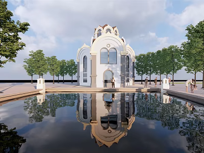 European style Architecture With White Exterior Dome Arched Windows Reflecting Pool And Water Reflection 3d model