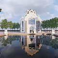 European style Architecture With White Exterior Dome Arched Windows Reflecting Pool And Water Reflection