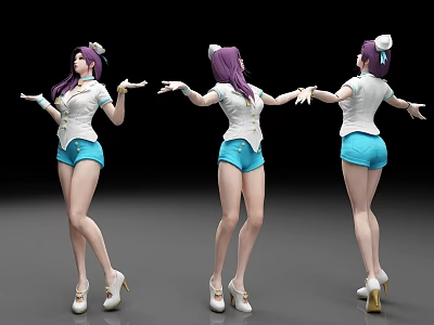 Woman With Purple Hair White Hat And Blue Shorts In Three Angles View 3d model