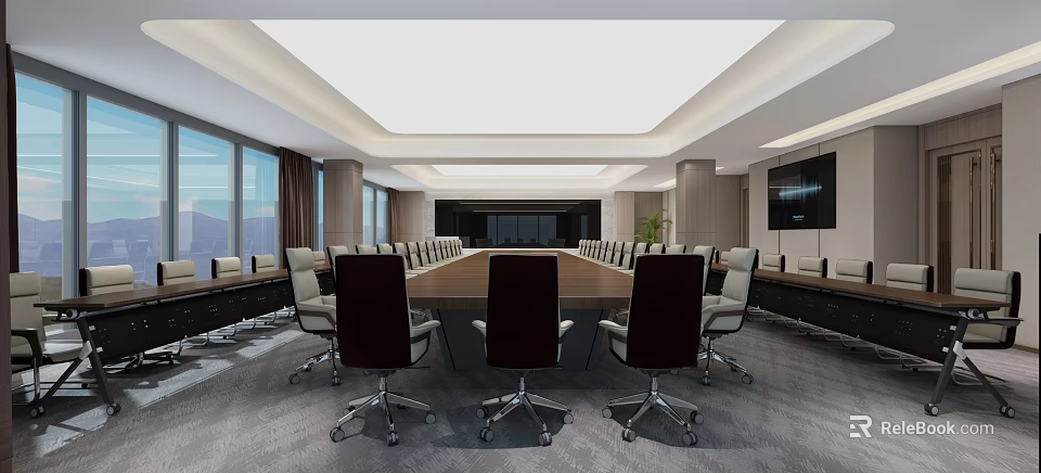 Spacious Modern Conference Room With Glass Windows Long Wooden Table Leather Chairs And TV Screen 3d model 