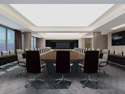 Spacious Modern Conference Room With Glass Windows Long Wooden Table Leather Chairs And TV Screen 3d model