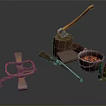 Vintage Rustic Scene With Axe On Wooden Stump Gun Bucket Shackle And Chilies