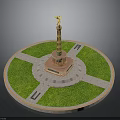Monument Structure With Golden Statue On Circular Base And Green Lawn Cross Pathways
