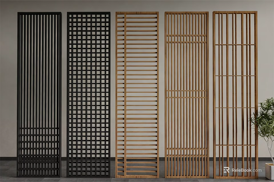 Modern Wooden Screen Partitions With Vertical Slats And Grid Patterns For Interior Decor 3d model