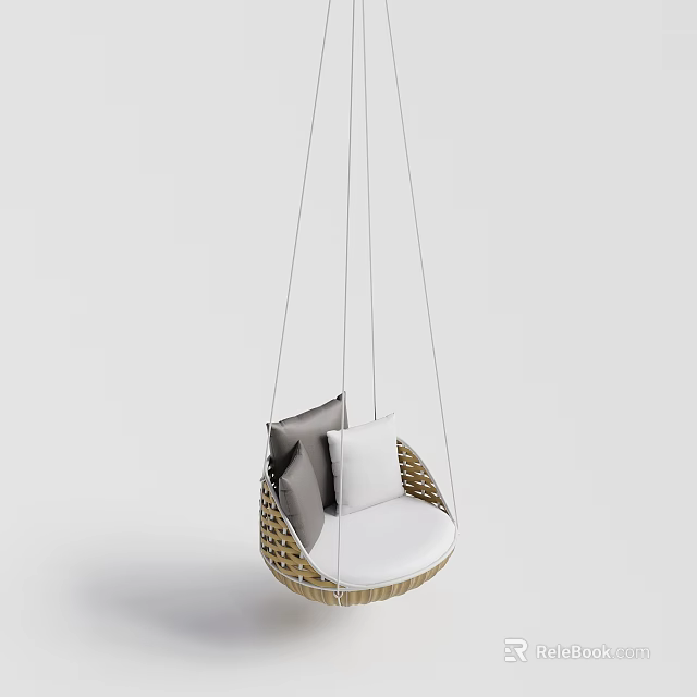 Modern Wicker Hanging Chair With White Cushion And Gray Pillows For Indoor Use 3d model 