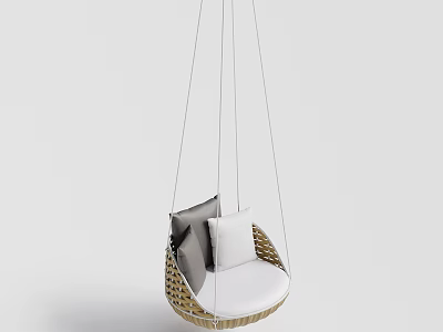 Modern Wicker Hanging Chair With White Cushion And Gray Pillows For Indoor Use 3d model