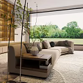 Modern Living Room With Beige Sofa Yellow Accent Wall Shelving Unit And Outdoor Greenery