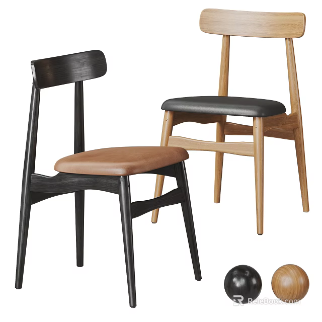 Modern Dining Chairs With Wooden Frames And Leather Seats In Black Brown And Natural Wood Tones 3d model 